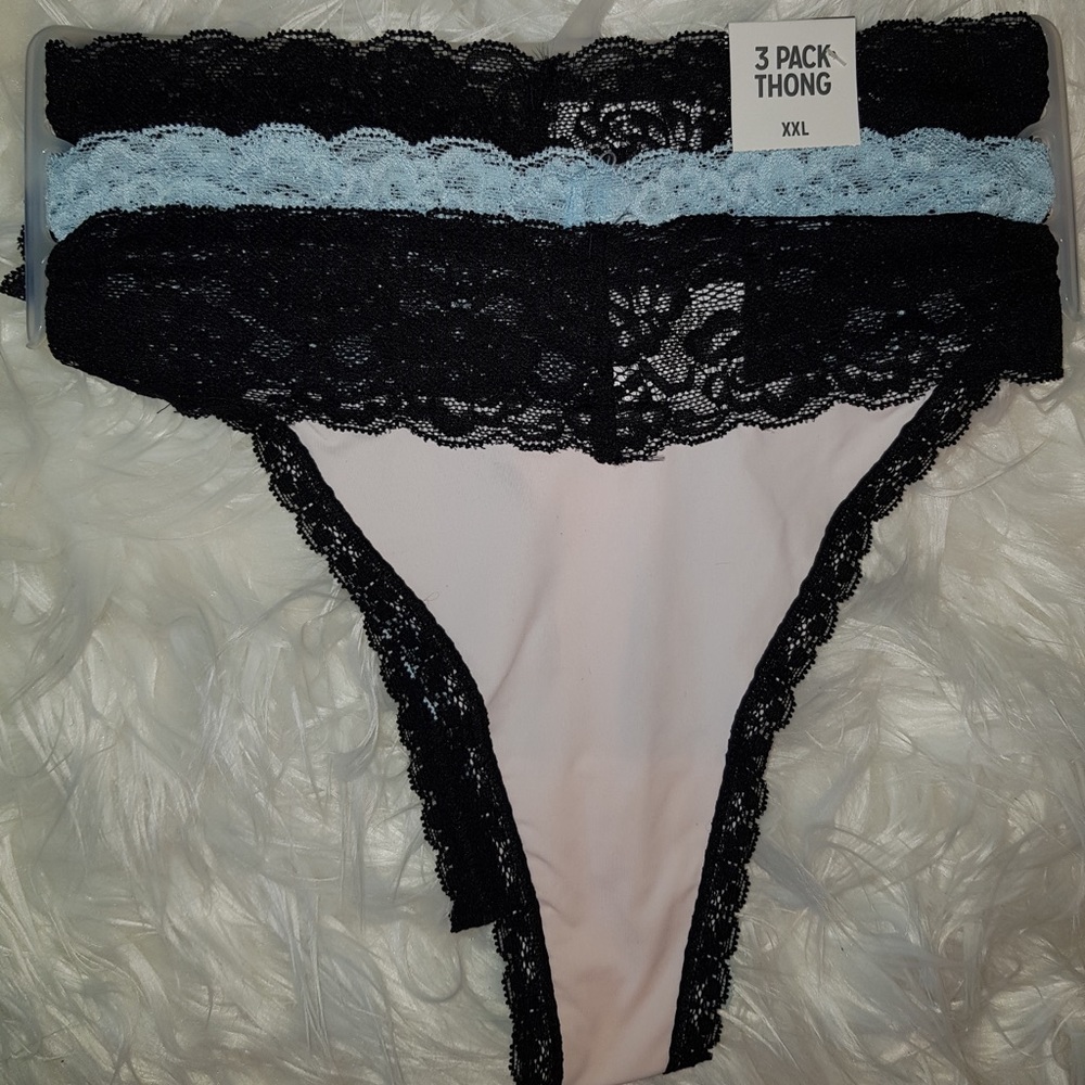 New XXL Thongs, 3 Pack. Lace Trim. Black, White